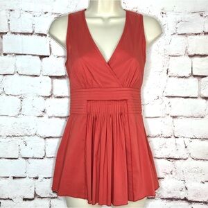 BCBGMAXAzria XS Coral Pleated Faux Wrap V-Neck Empire Waist Peplum Cotton Top XS